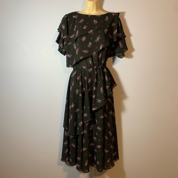 Jody California black Floral Ruffle layered Midi Dress pink tulips medium - Picture 2 of 6